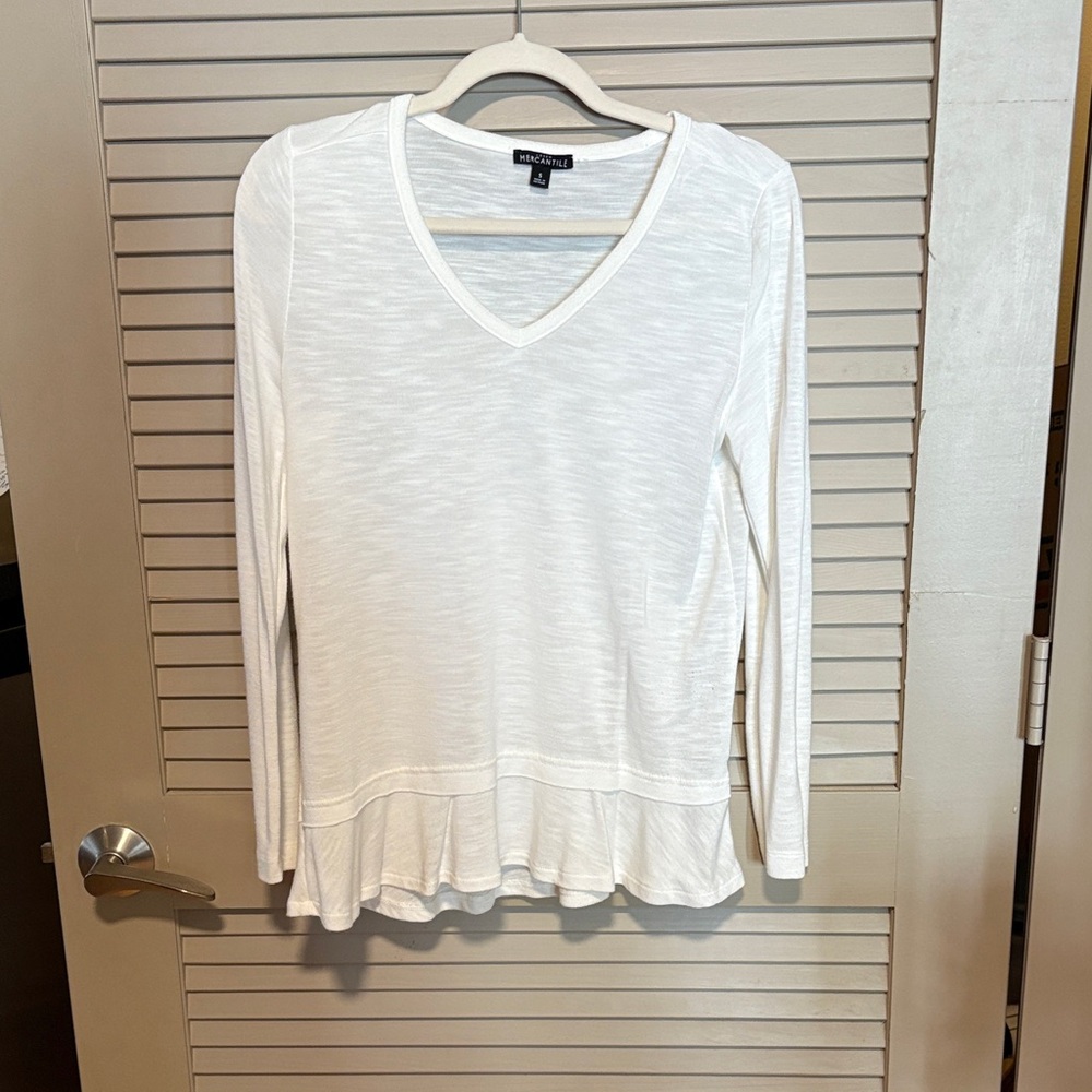 J Crew White V-Neck Long Sleeve Top with Ruffle Hem